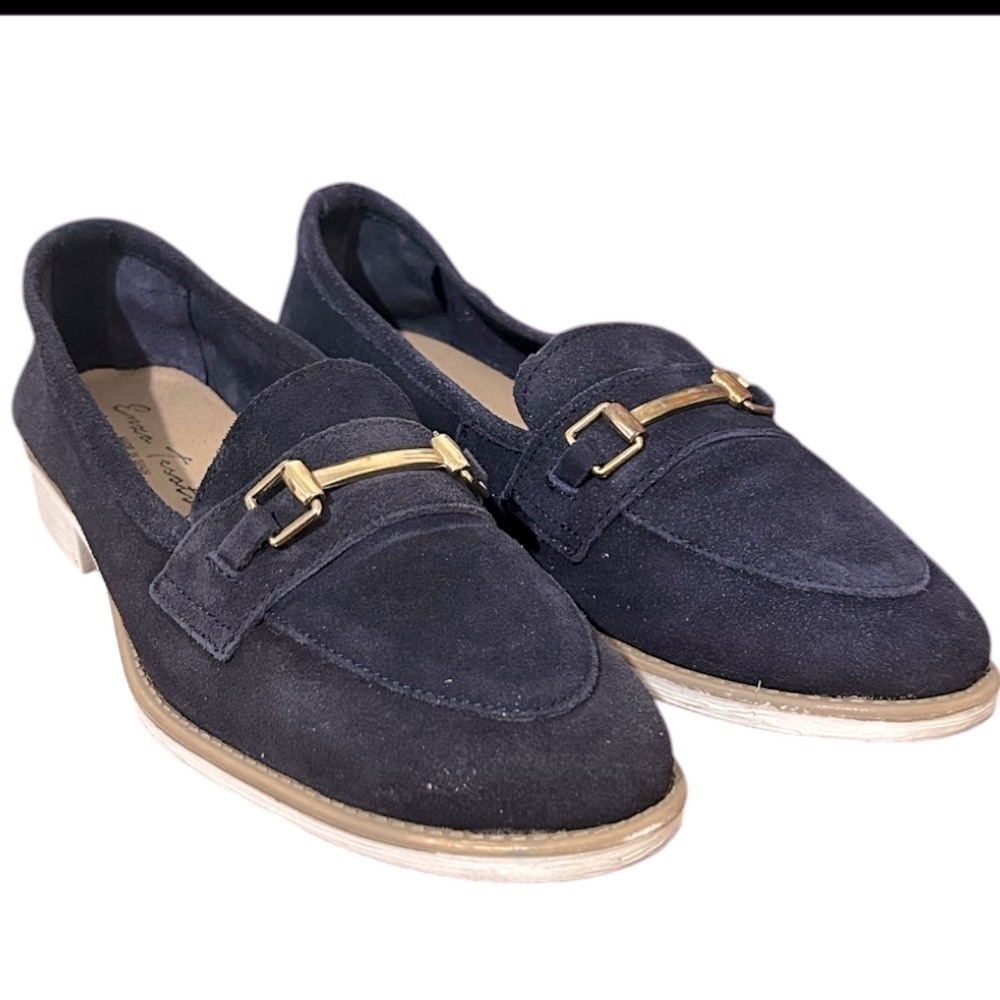 Enzo Tesoti Leather Suede Low Heel Loafer Sz 8.5 US (39 EU) Navy w/ Gold Accent - Picture 4 of 13